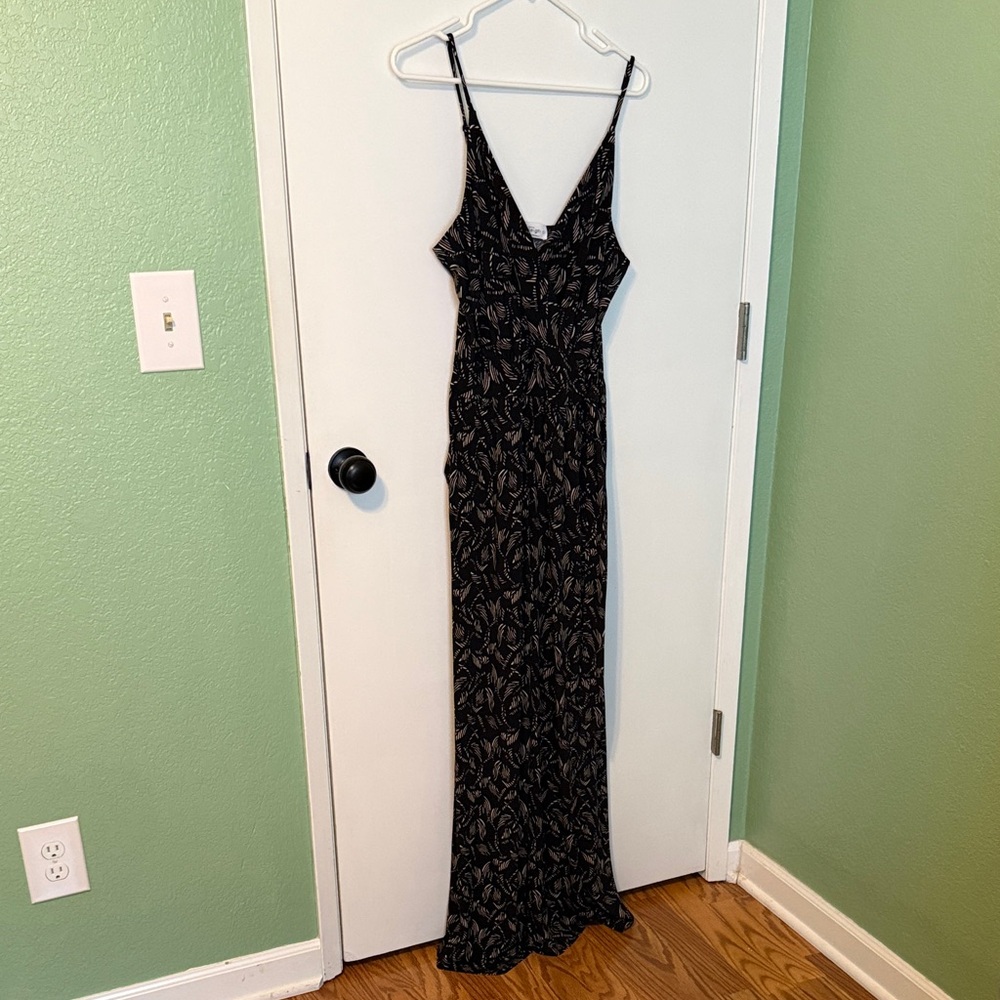 Kaileigh Black Leaf-Print Spaghetti Strap jumpsuit